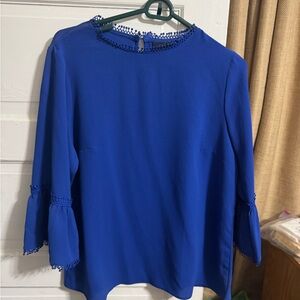 Blue Long Sleeve Blouse with Pom Pom Trim